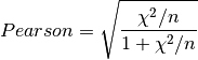 Pearson = \sqrt{\frac{\chi^2 / n}{1 + \chi^2 / n}}